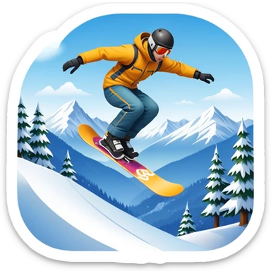 An icon showing a snowboarder performing an exciting jump on a snow-covered slope. The background features towering mountains, snow-covered trees, and a bright, clear sky. Transparent background highlights the speed, agility, and thrill of snowboarding. sticker