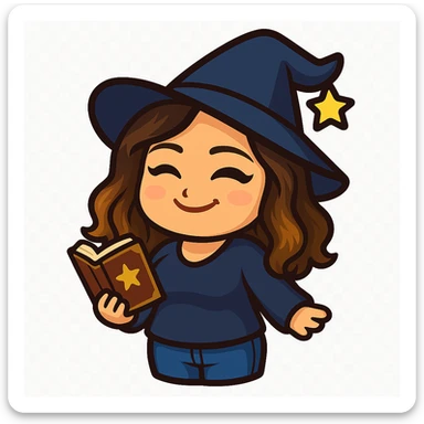 Sticker style chibi emote, matching the attached green heart emote as a base, but with a slightly skinnier body and a bigger chest. Woman from reference, navy blue sweater and blue jeans, wearing a wizard hat and holding a magic book, cute magical face, no headband, no wand, transparent background. Top color should not match jeans. sticker