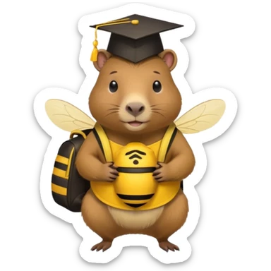capybara wearing a bee backpack and graduate hat sticker