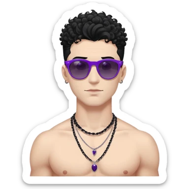 shirtless male athlete with white skin and moderately curly black hair on top with shaved sides, wearing purple sunglasses with very dark heavily tinted black lenses, and a simple plain black chain necklace, no earrings or other jewelry sticker