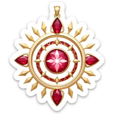 ruby pendant radiating luminous aura, celestial being forming inside, surrounded by floating runes sticker