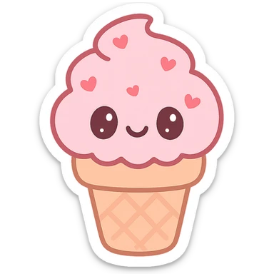 kawaii style ice cream cone, cute face, pastel colors, big sparkling eyes, heart-shaped sprinkles, fun and friendly sticker
