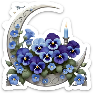 A mesmerizing celestial scene where deep blue pansies intertwine with delicate light blue flowers, their petals shimmering under the glow of a silver crescent moon. The background features a vast, dark sky illuminated by soft constellations, with zodiac symbols faintly glowing amidst swirling nebulae. A pearl-colored candle, engraved with intricate astrological glyphs, rests atop an elegant glass pedestal, reflecting the mystical starlight. Delicate silver rings and planetary orbits float subtly in the air, adding a cosmic rhythm to the composition. Tiny shooting stars leave trails of stardust, weaving between the flowers like whispers of forgotten prophecies. sticker