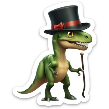 Dinosaur using fancy accessories like a monocle, a tophat, a bow and also a cane sticker