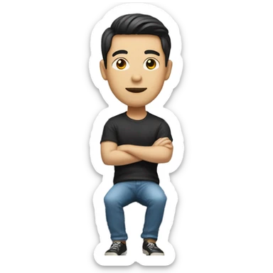 An Asian man with pale skin sitting on top of a black Ford car sticker