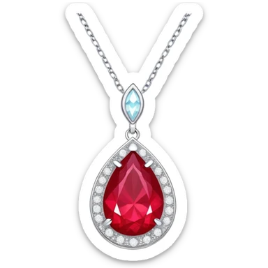 teardrop ruby pendant with silver chain and white stones, radiating luminous aura sticker