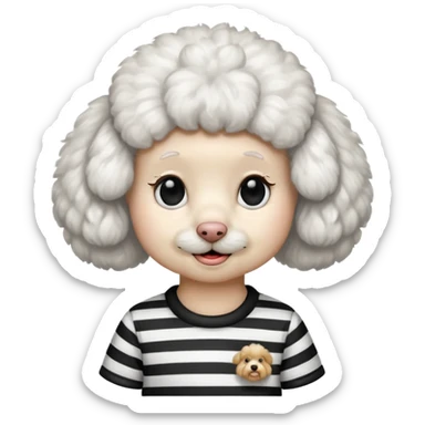 All white fluffy poodle, wearing a black and white striped shirt sticker