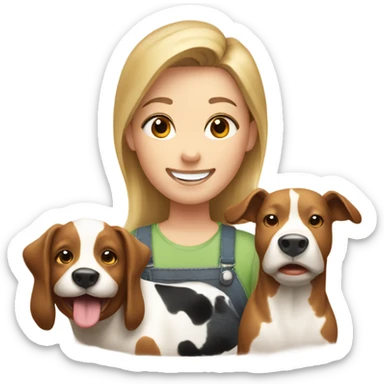 happy face emoji with brownish blonde hair on a farm with a cow and a dog  sticker