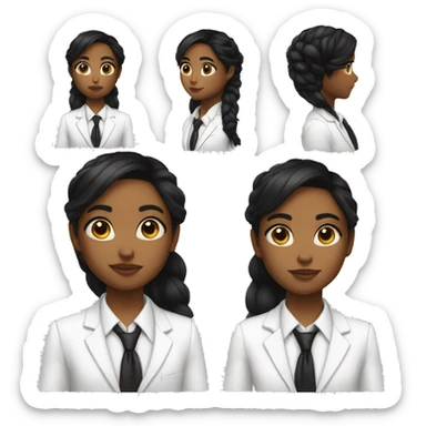  a young girl with Latin features, dark skin, long black hair with a ponytail, makeup, big eyes, small nose, thin eyebrows, wearing a white suit, white shirt and black tie sticker
