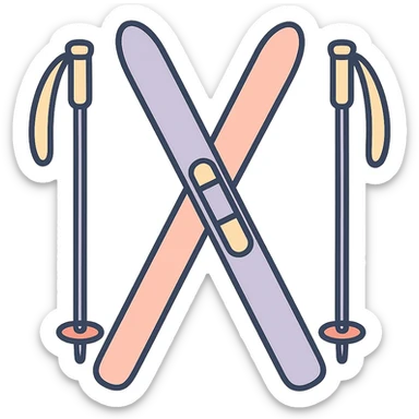cross-country skis standing, slightly inclined in opposite directions, poles on the sides with visible hand straps, detailed shading, thin clean outlines, soft rounded features, pastel palette #98B5BC #B5B3C1 #C9A3C9 #E4C0CA #F7DCD1 #F7C0AA, Japanese pop art, sticker look, highly detailed, vector clarity, soft lighting, subtle shadows, transparent background sticker