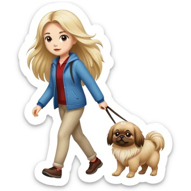 A long-haired girl walking a Pekingese dog sticker