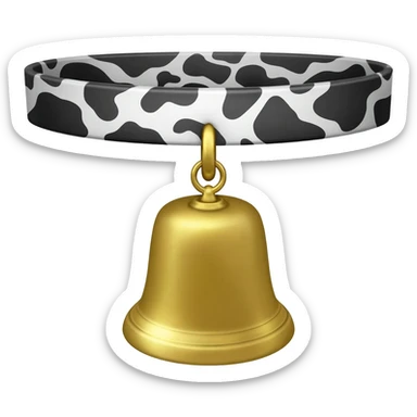 small plain gold cowbell trapezoid-shaped on a collar with cow black and white pattern sticker