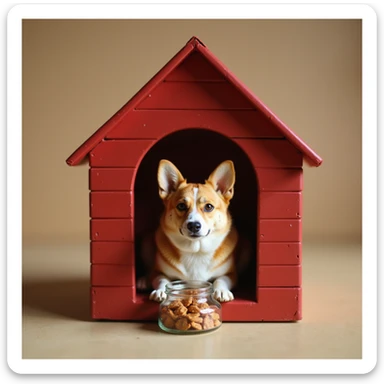 realistic red dog house with a Corgi dog inside, Corgi with a treat jar, photorealistic style sticker