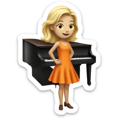 Blonde girl wearing an orange dress playing a brown upright piano sticker