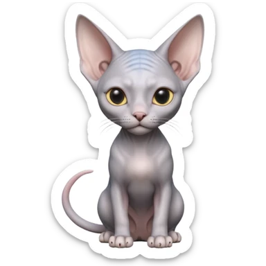 A 3D cartoon silver-gray Sphynx cat with smooth skin, gentle expression, elegant pastel lighting, cinematic Memoji rendering. full body or half body. sticker