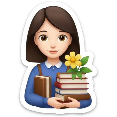 Brunette holds a stack of books + flower sticker