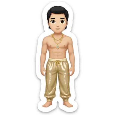 Otello with black hair, cream sequin baggy pants, shirtless with necklace sticker