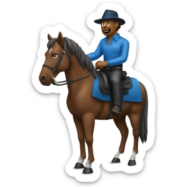 create an emoji of a man wearing a blue clothes on top of a brown horse. just like the cover of bad bunhos álbum "nadei sabe lo que va pasar manana" sticker