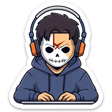 Cool, gamer boy with tan skin and black hair wearing a dark hoodie with Michael Myers on the hoodie while playing PC games and wearing headphones sticker
