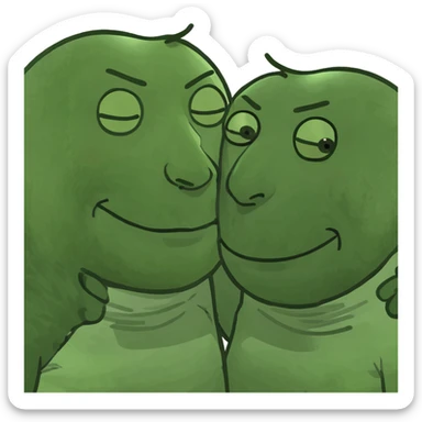 Person with black hair and bangs hugging a person with brown long hair and another person with back Afro sticker