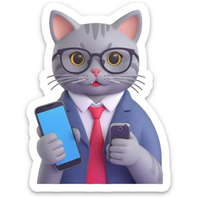 Gray IT cat with glasses, holding a smartphone, no laptop, friendly expression, 3D style, no background (transparent) sticker