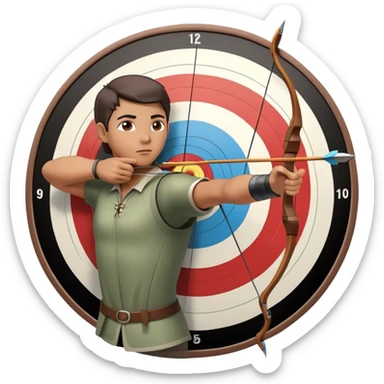 An archer drawing a bow and aiming an arrow at a target, with perfect focus and precision. The target is visible in the background, featuring concentric rings. The scene captures the concentration and skill involved in archery, emphasizing the elegance and accuracy of the sport. sticker