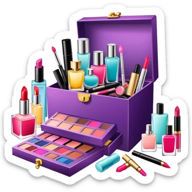 an opened box with various beauty items spilling out, including makeup, skincare, and perfume sticker