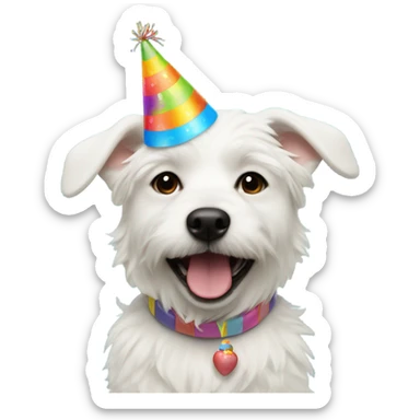 White male small dog wearing birthday hat with a cake  sticker
