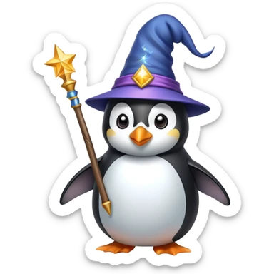 a penguin wearing a wizard hat and holding a magic wand sticker