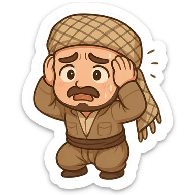 Kurdish man in traditional dress jamadani, anxious mood, cartoon style, hands on head or looking stressed, no text sticker
