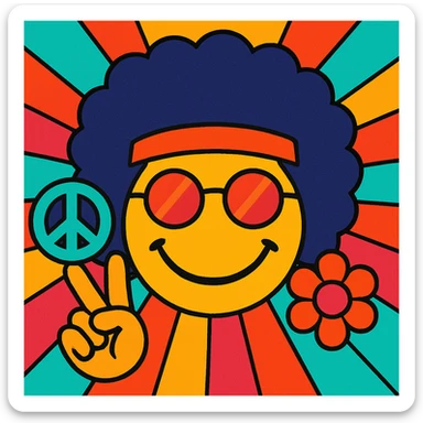 hippie smiley face with an afro, vibrant colors, peace and love vibe sticker