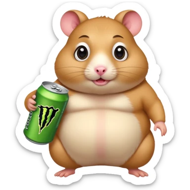 Funny cartoon-style fat hamster with big wide eyes  holding a can of monster energy in one hand and redbull in the other hand sticker