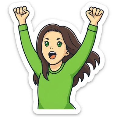 white girl, long brunette hair, green eyes screams with delight and rejoices in victory sticker