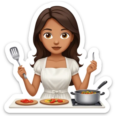 Beautiful woman in 1950’s woman fashion look, white dress, long dark brown hair, cooking sticker