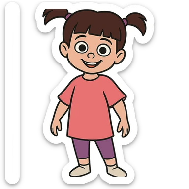 Boo from Monsters Inc, young girl with pigtails, pink t-shirt, purple leggings, smiling, full body, cartoon style matching confident Mike Wazowski and Sulley sticker