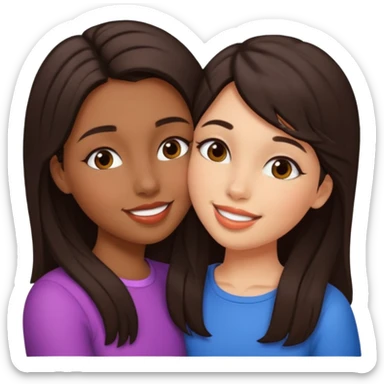 A girl kisses her friend The girls' hair color is dark brown. With wheatish skin  sticker