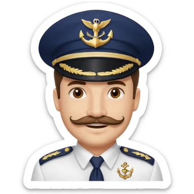 A light-skinned man with brown eyes and handlebar mustache, smiling while wearing a white captain’s hat with a navy emblem. sticker