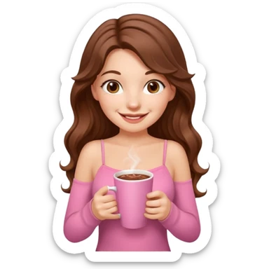 menina branca com cabelos castanhos longos ondulados com xícara rosa na frente com chocolate quente, com blusa de alça fina sticker