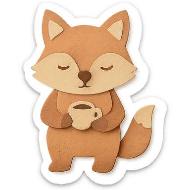 soft pastel coffee maker fox holding a tiny latte cup, brown and beige tones, full-body sticker