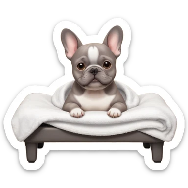 A gray French Bulldog lying relaxed on a professional massage table in a cozy spa room. Soft warm lighting, clean interior, gentle towels, peaceful atmosphere, detailed high-quality render, cute facial expression, realistic fur texture. sticker