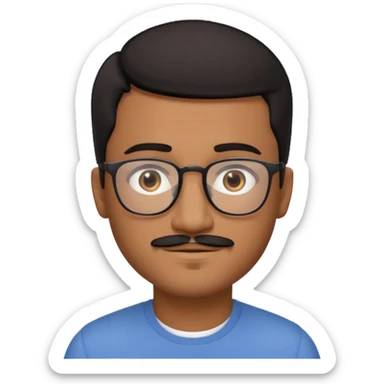 A friendly person with medium-brown skin, large warm brown eyes, thin rectangular glasses, a short mustache and small goatee, black hair. Rounded face, calm slight smile. Head-and-shoulders emoji style, bold outlines, simple shapes, bright colors, transparent background. sticker