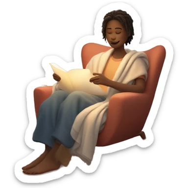 An image of a person relaxing on a comfy chair with a blanket, a cup of tea, and soft lighting, creating a peaceful atmosphere sticker