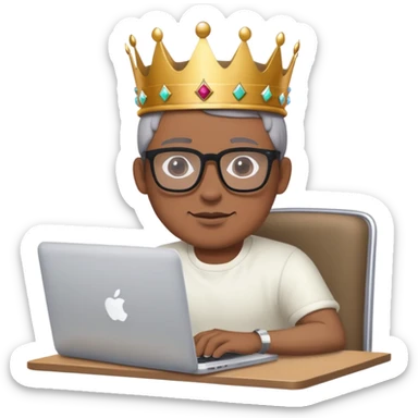 Man in glasses with crown on his head sat at the desk with MacBook  sticker