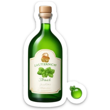 grüner schnaps in einer länglichen flasche mit einem bergdorf auf dem etikett und dem namen "lauterbacher tropfen" sticker