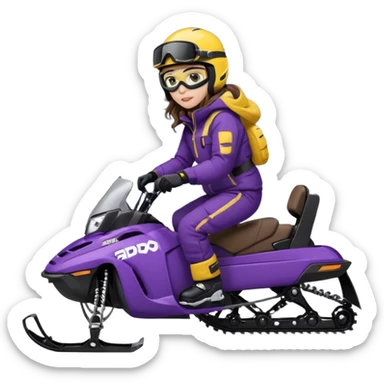 Brown, long wavy hair, ski-doo jacket and pants ski doo boots helmet and goggles, dark purple sled Sitting on dark purple snowmobile goggles and helmet not covering my face brown eyes white skin sticker