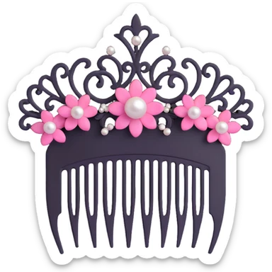 realistic 3D gothic hair comb with pearls, black and pink details, minimal and elegant sticker