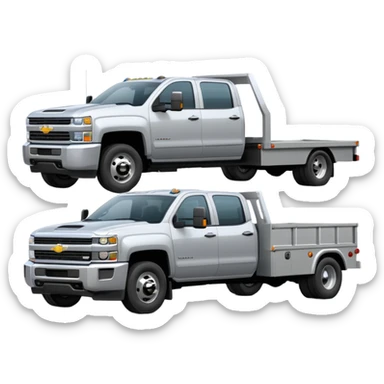 A silver 2020 Chevrolet 3500 pick updually with a silver flatbed  sticker