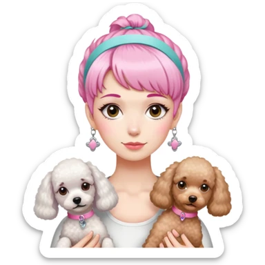 short pixie bangs platinated woman pink hair band，fair-skinned ,no earringsholding two poodles sticker
