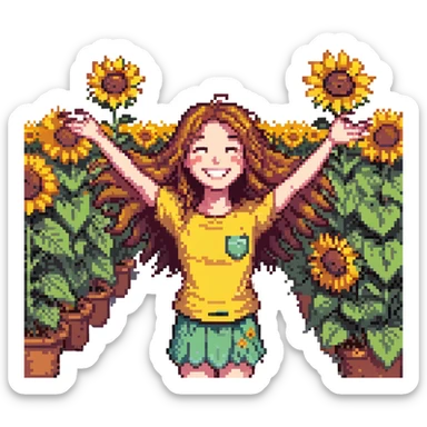 Big smile with open arms and sunflower petals as hair sticker