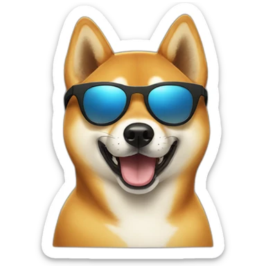 A shiba dog wearing black sun glasses and smiling sticker